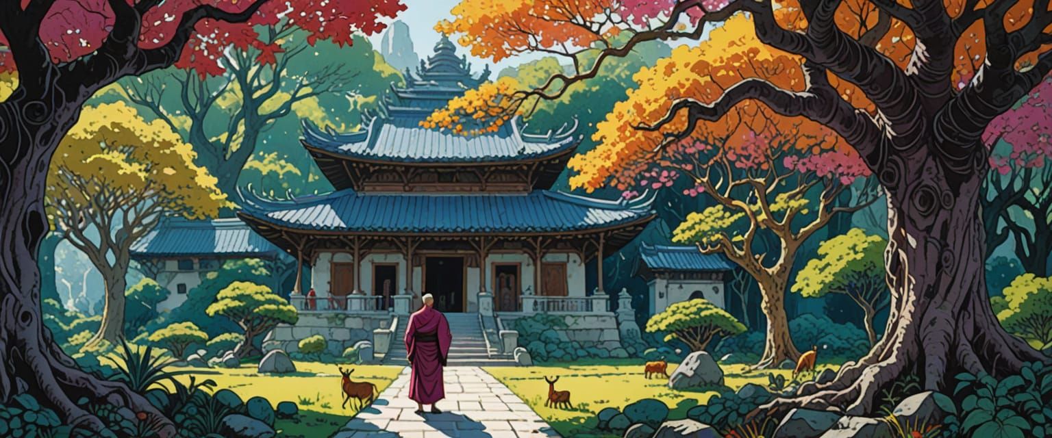 Lush Rainforest Temple in Watercolor Comic Style