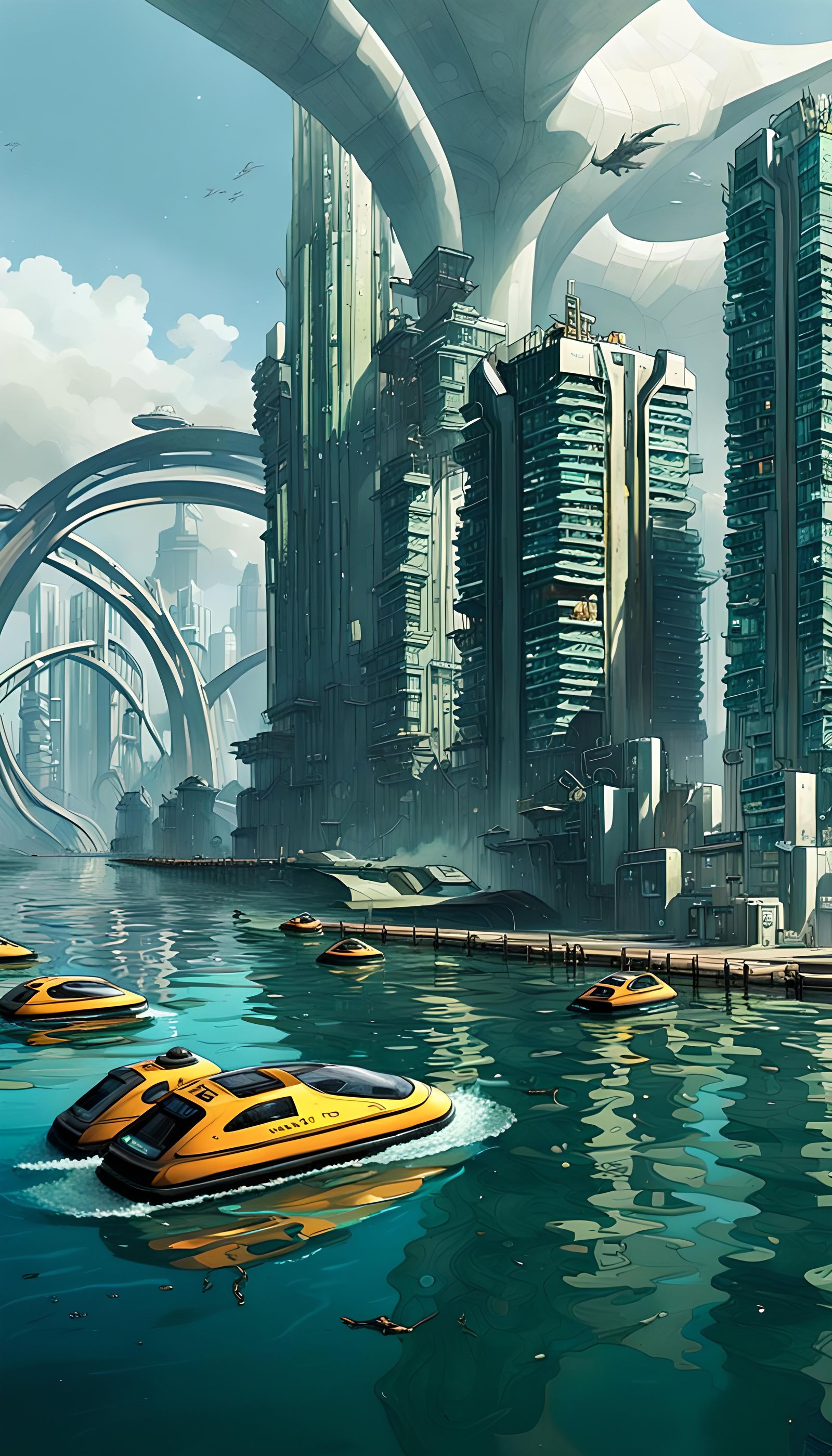 Cyberpunk Coastal City with Underwater Research Facility