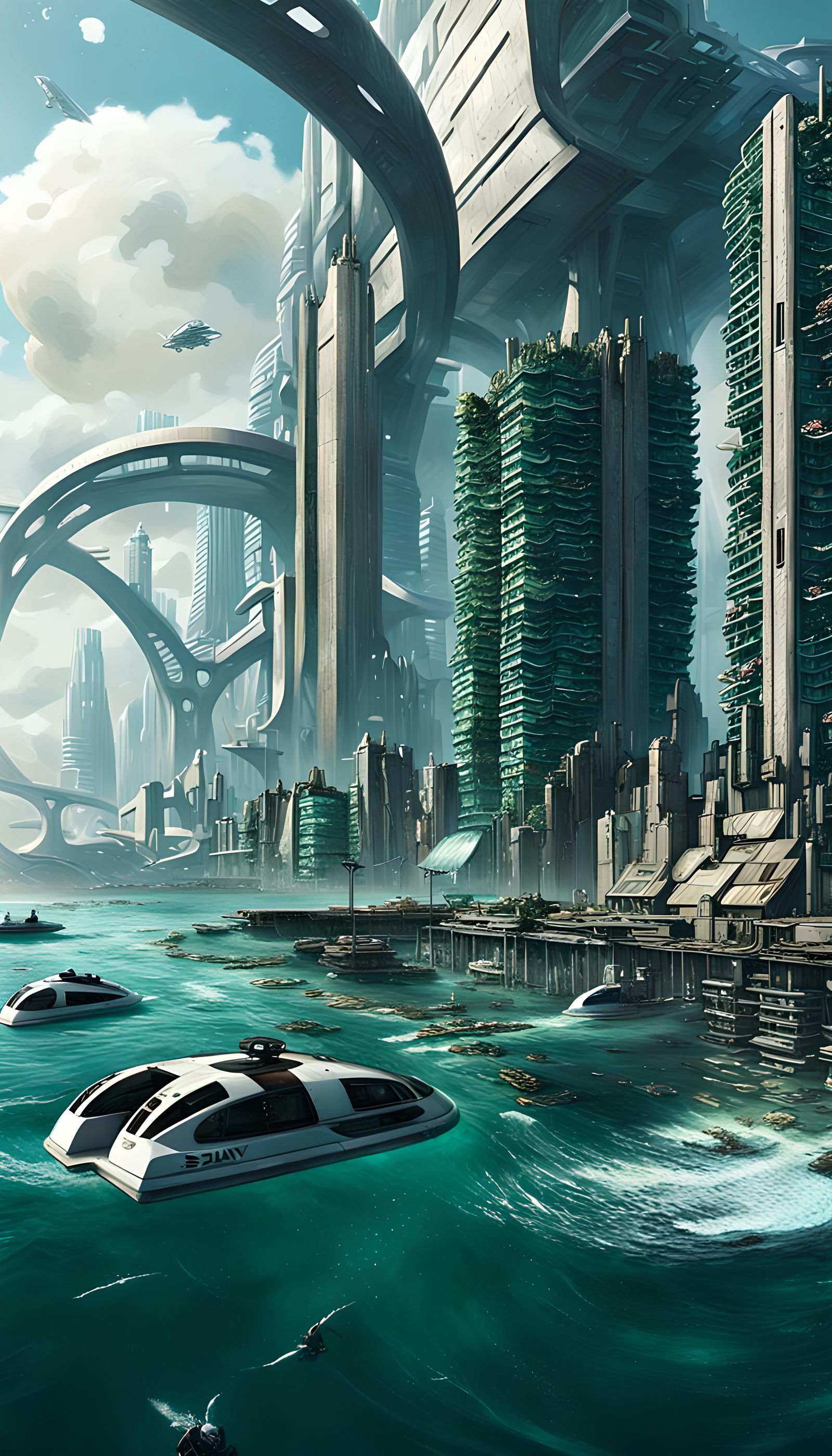 Cyberpunk Coastal City with Underwater Research Facility
