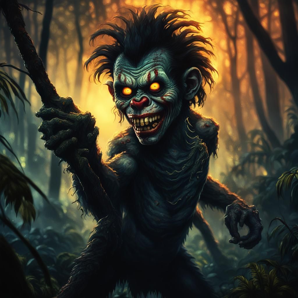 Primitive Zombie Cavewoman in Dark Jungle Horror Scene