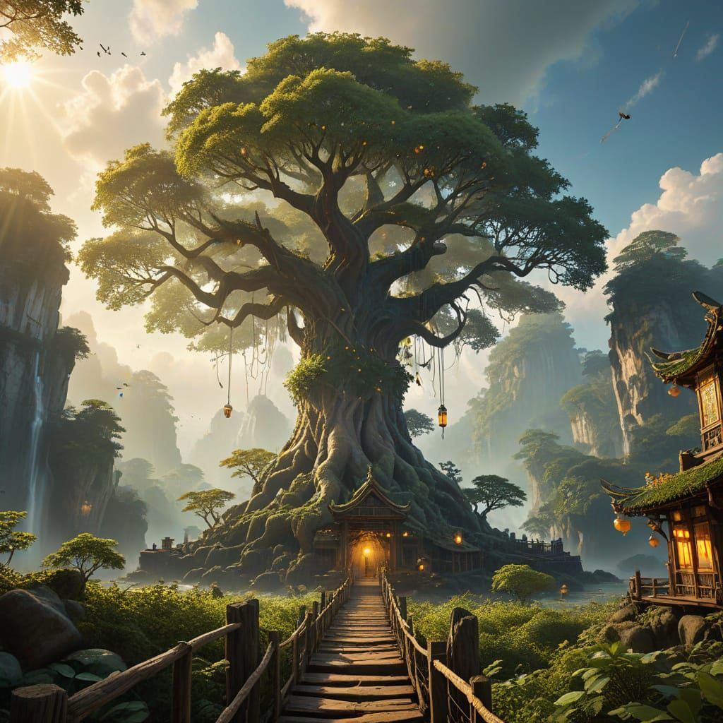 A Colossal, Ancient Tree in Whimsical Fantasy Style