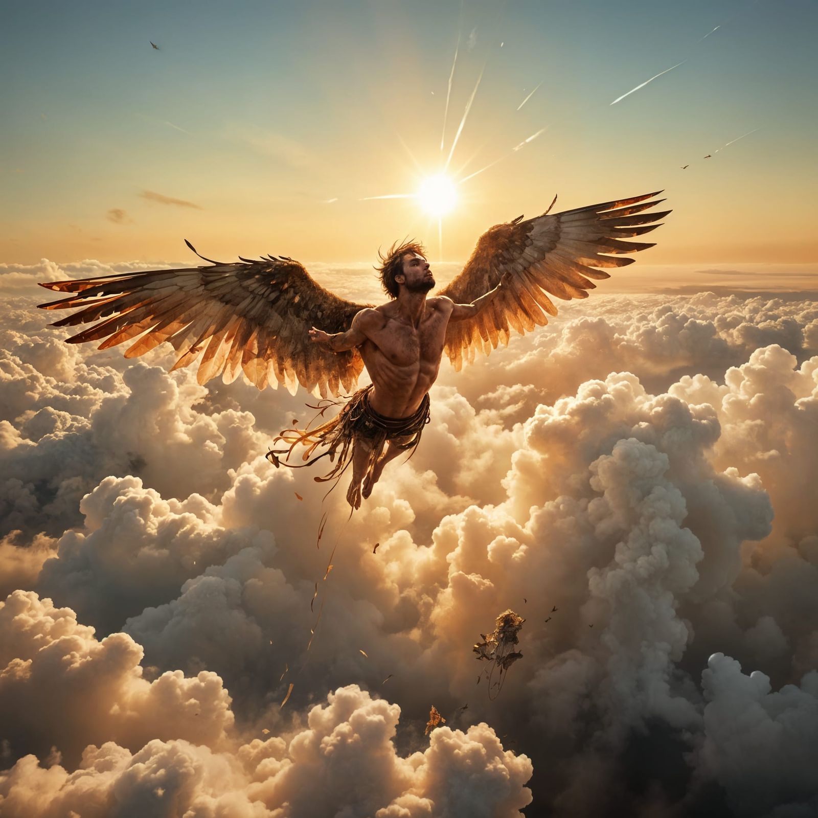 Icarus Soaring to the Sun in Watercolor Style