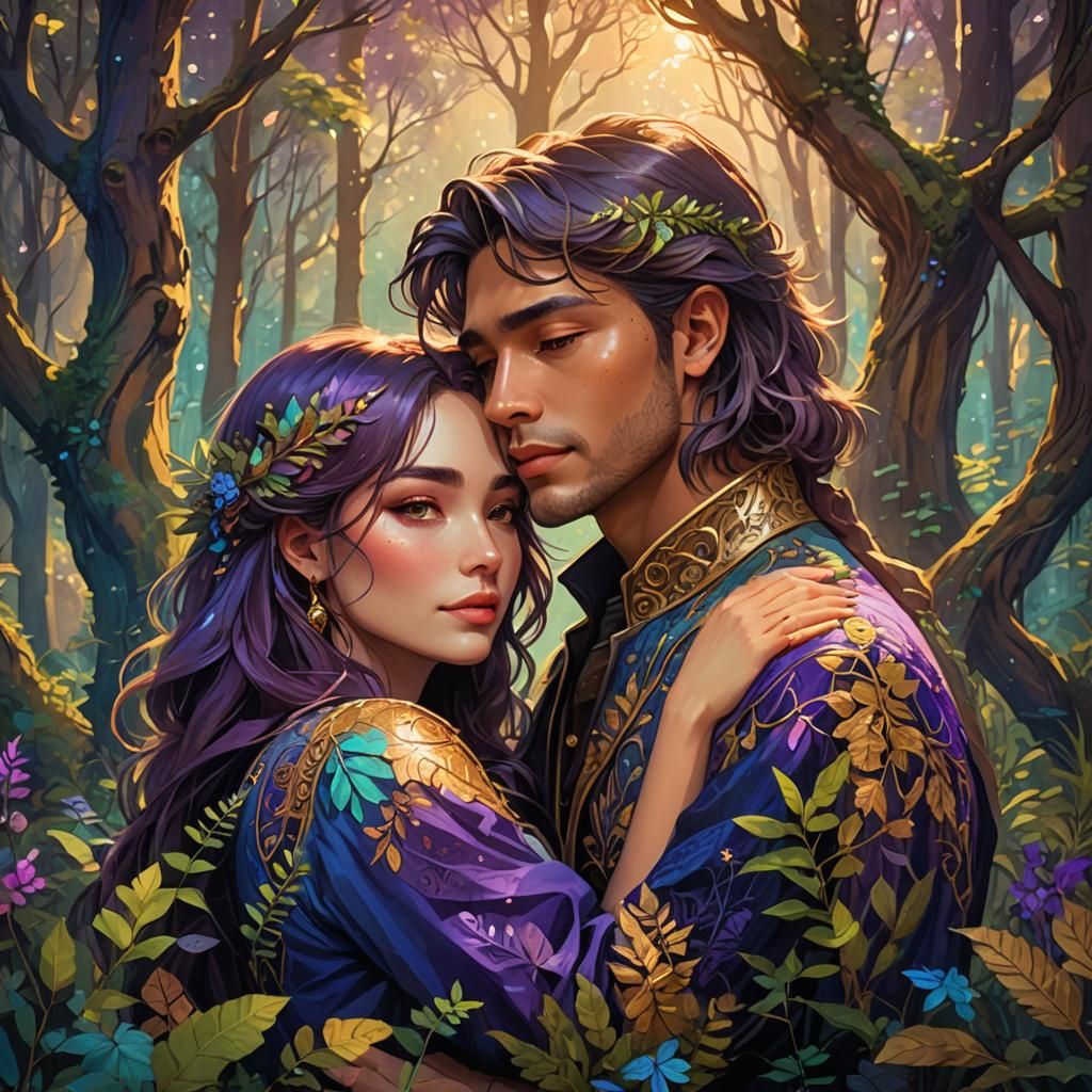 Romantic Couple's Embrace in Vibrant Fantasy Art