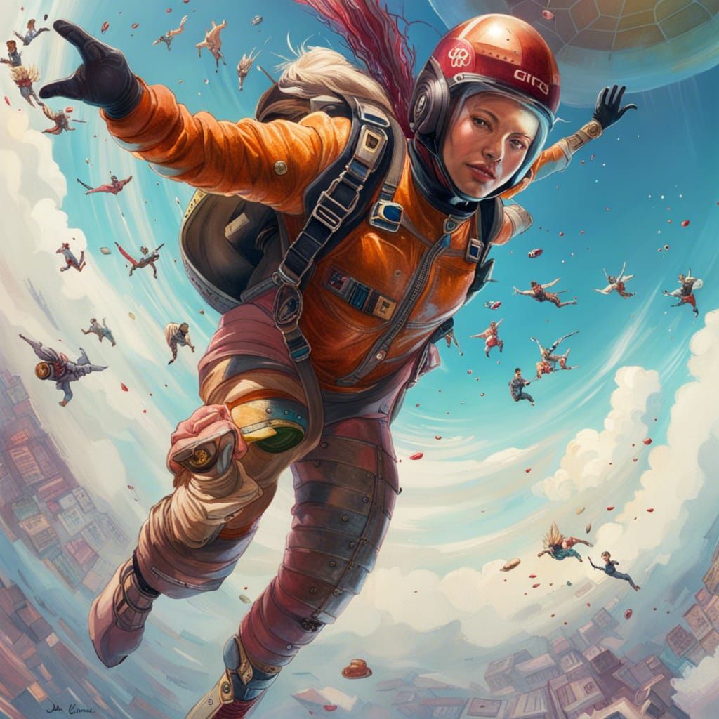 Joyful Skydiving Scene in Fantasy Art Style