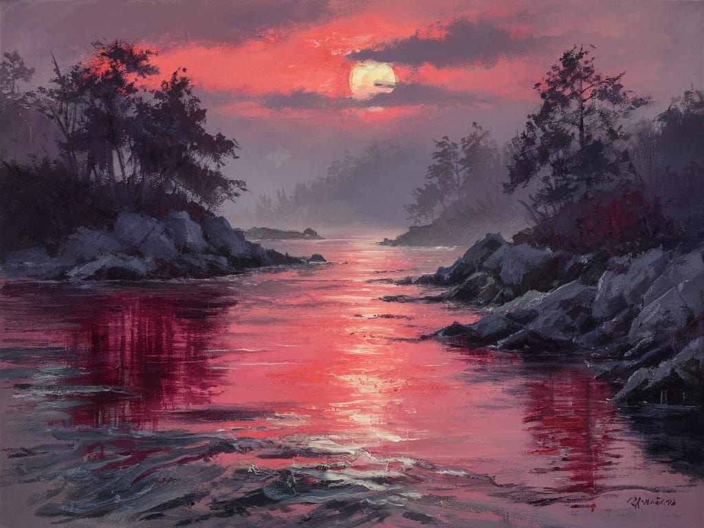 Twilight Inlet Painting in Impressionist Style