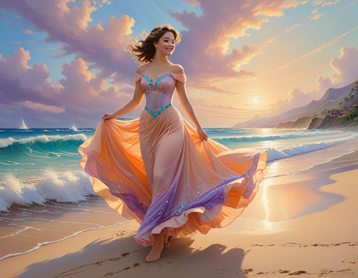 Glowing Princess Runs in Vibrant Beach Sunset