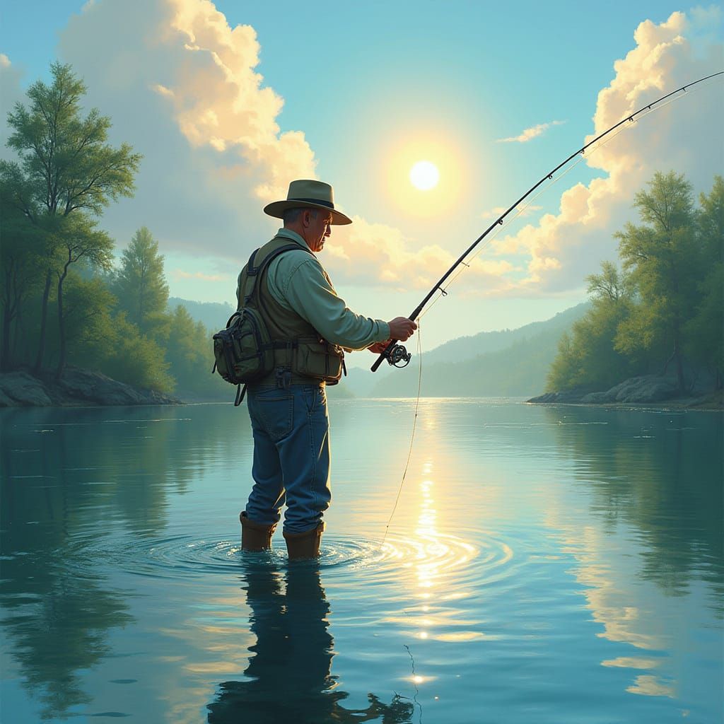 Fisherman's Catch: River Scene in Naturalistic Style