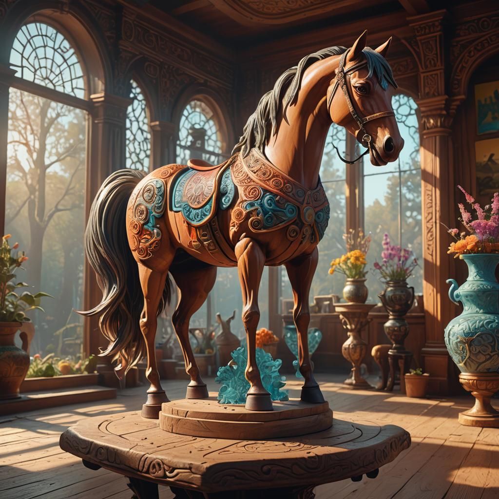 Clay Horse and Ornate Vase in Fantasy Style