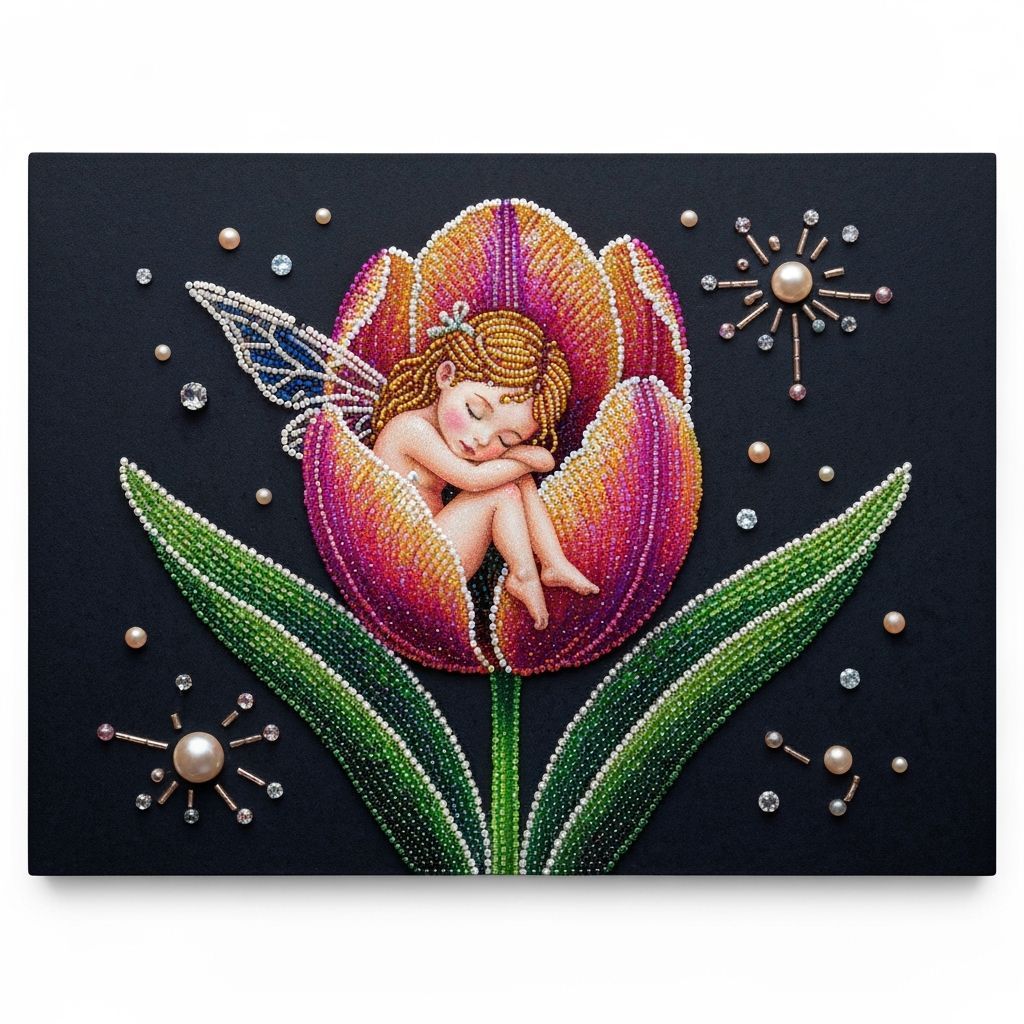 Beaded Fairy Asleep in Tulip Flower