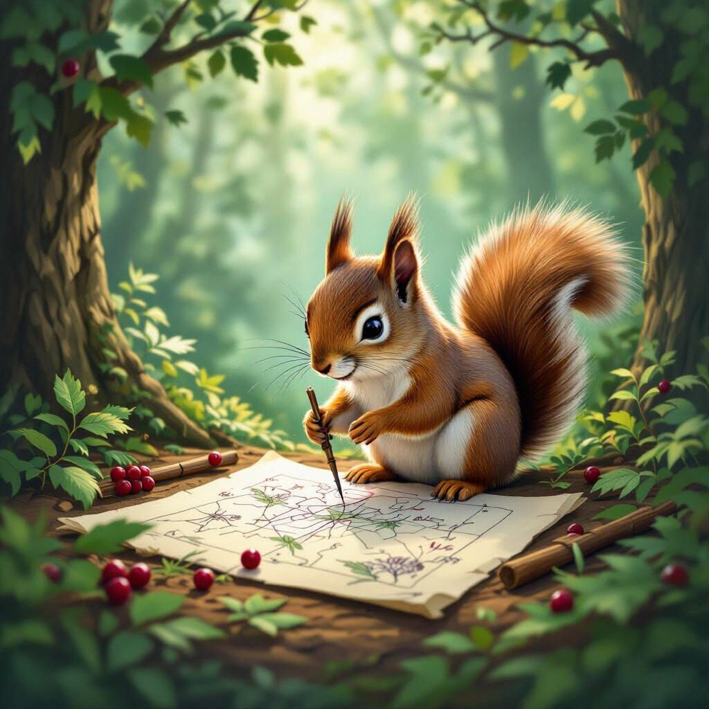 Squirrel Cartographer Drawing Forest Maps on Leaves