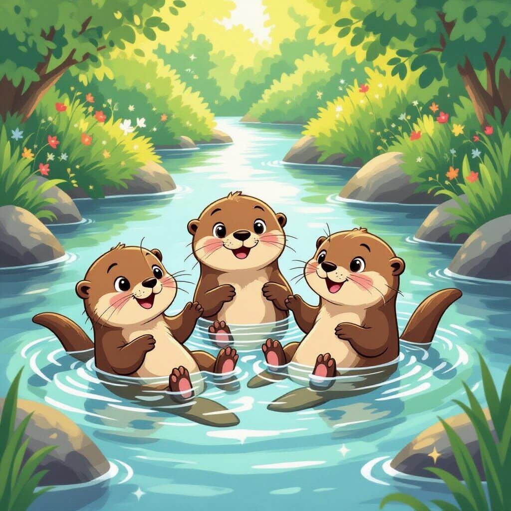 Playful Otters Frolic in Crystal River, Storybook Style