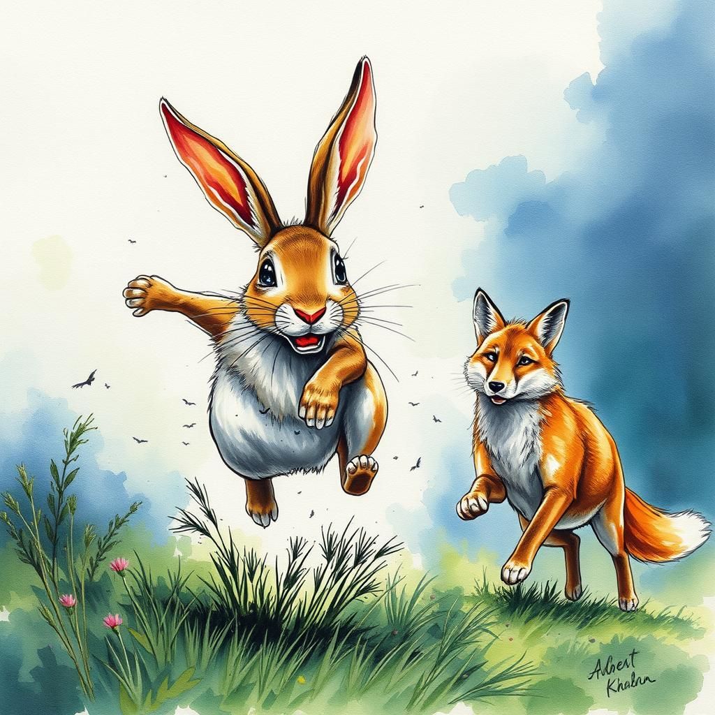 Rabbit's Escape: Fox Chase in Watercolor