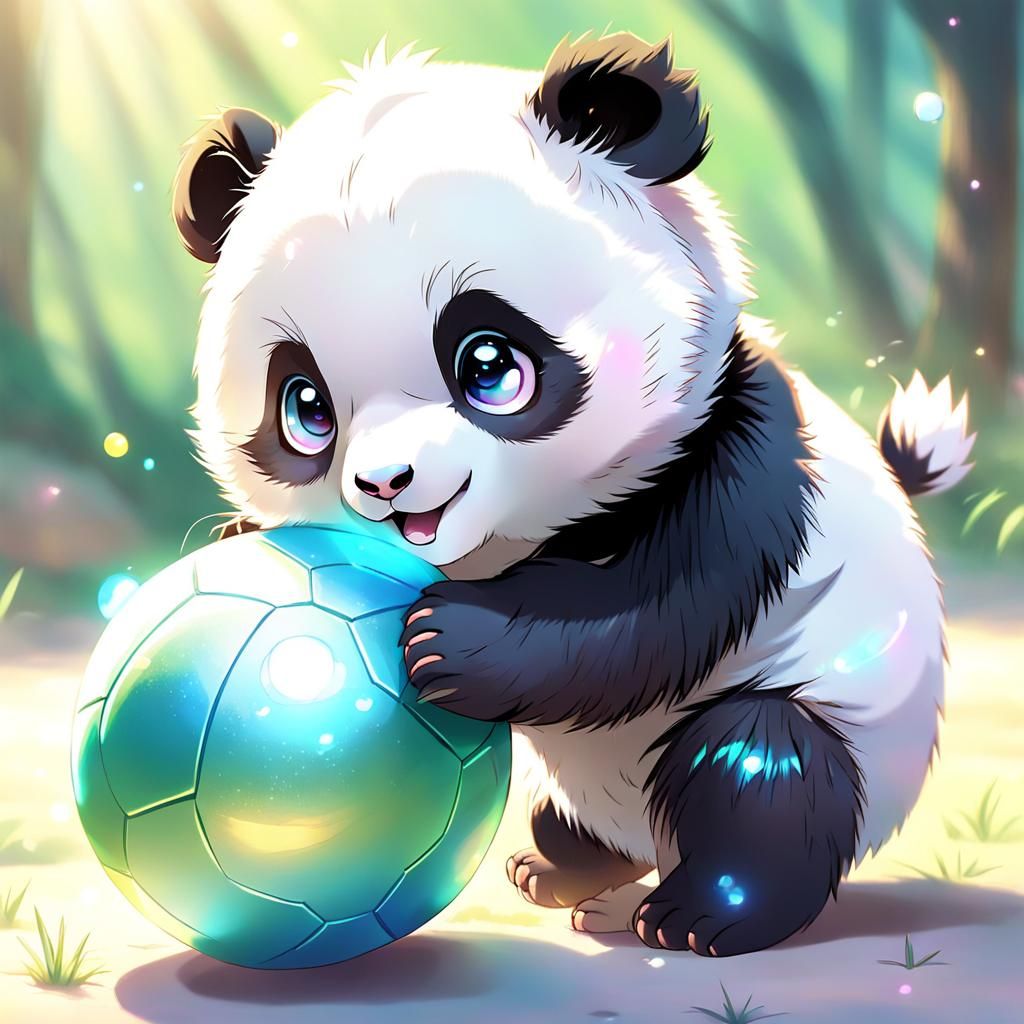 Cute Baby Panda Playing: Pastel Anime Illustration