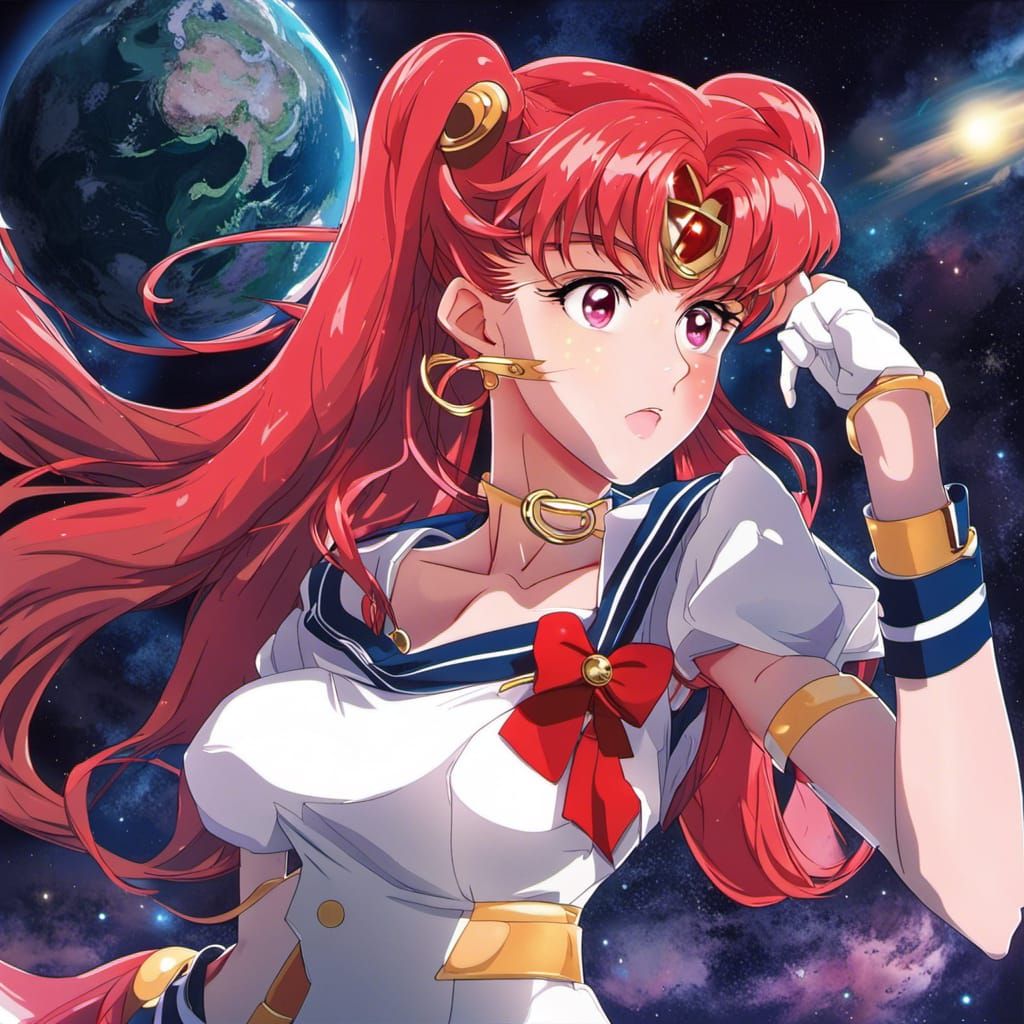 Anime Girl with Red Hair and Planet