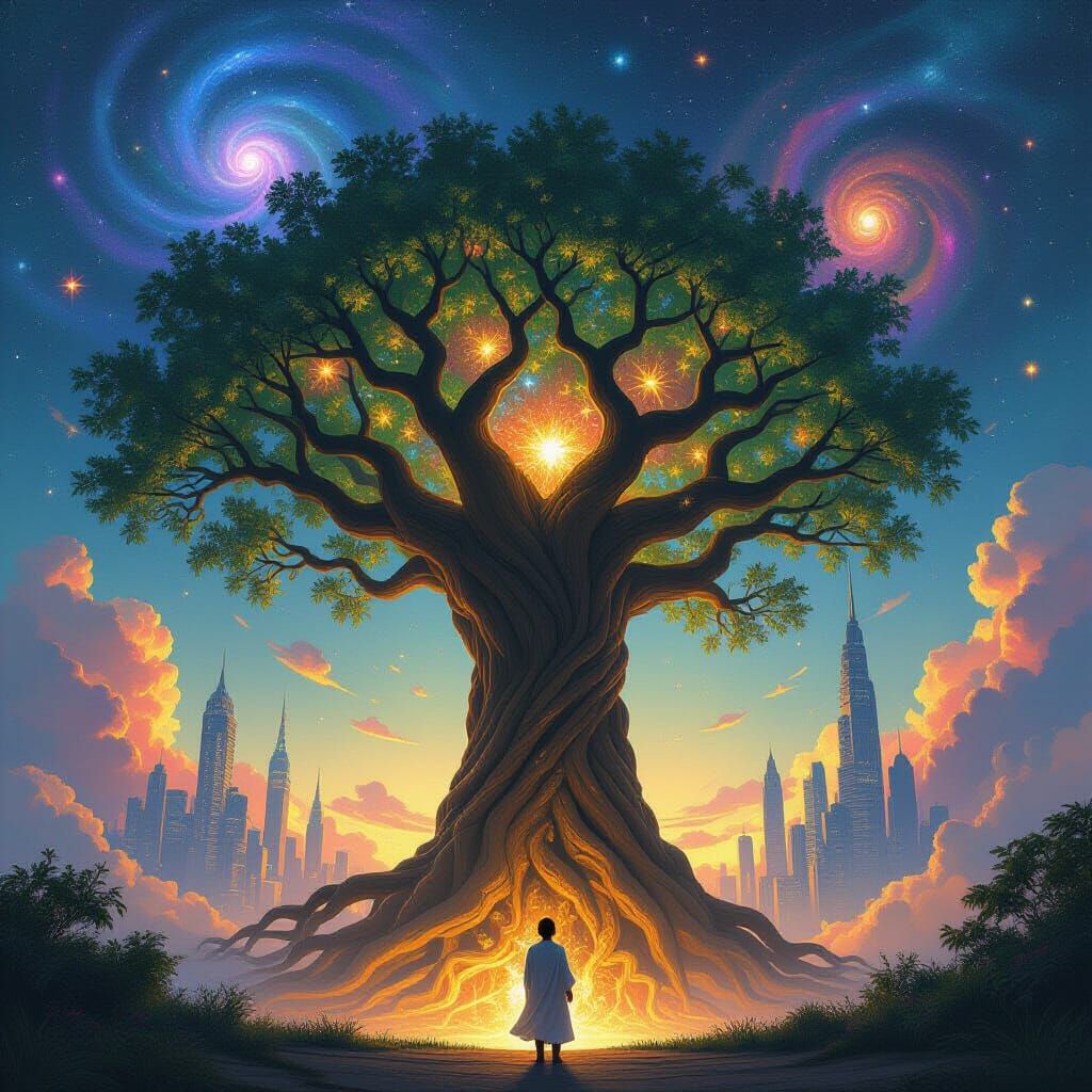 Tree of Life in Cosmic Space, Baroque Oil Painting