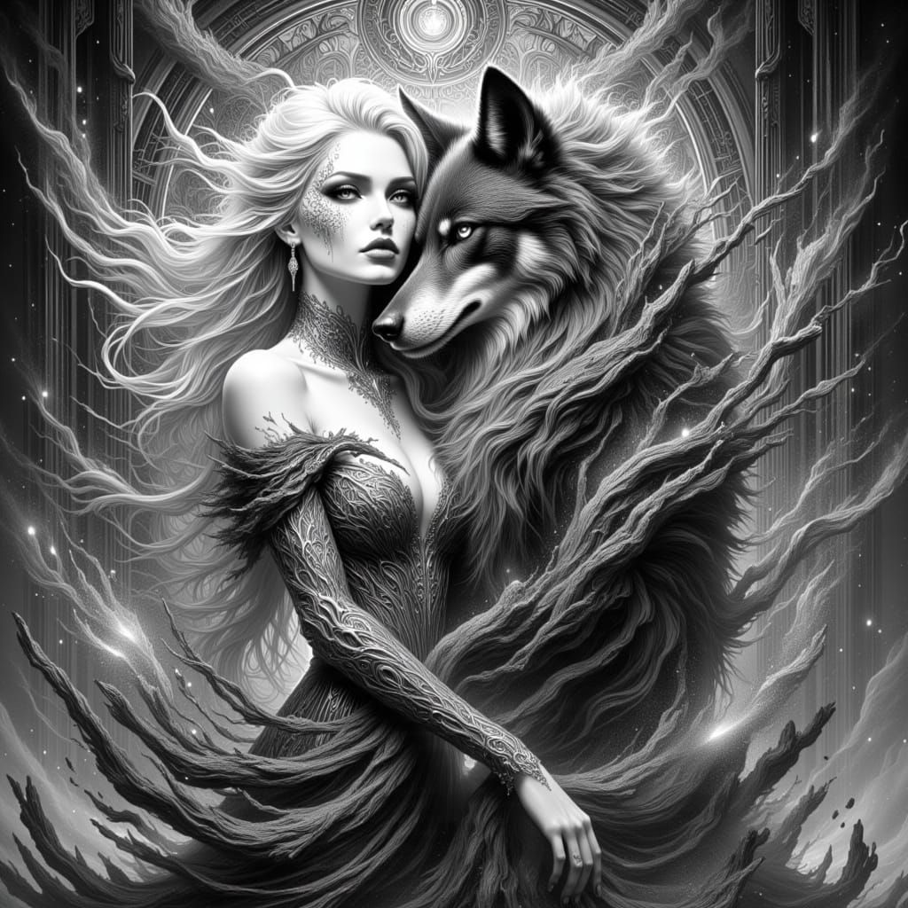 Black and White Fire Goddess with Wolf Portrait