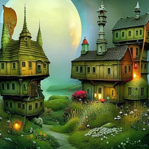 Cozy Cottage in Forbidding Cityscape, Digital Art