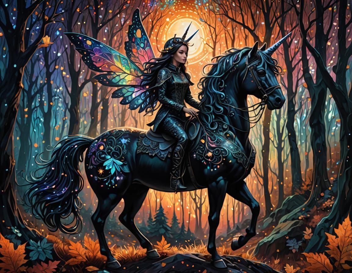 Dark Fairy Rides Unicorn in Autumn Forest