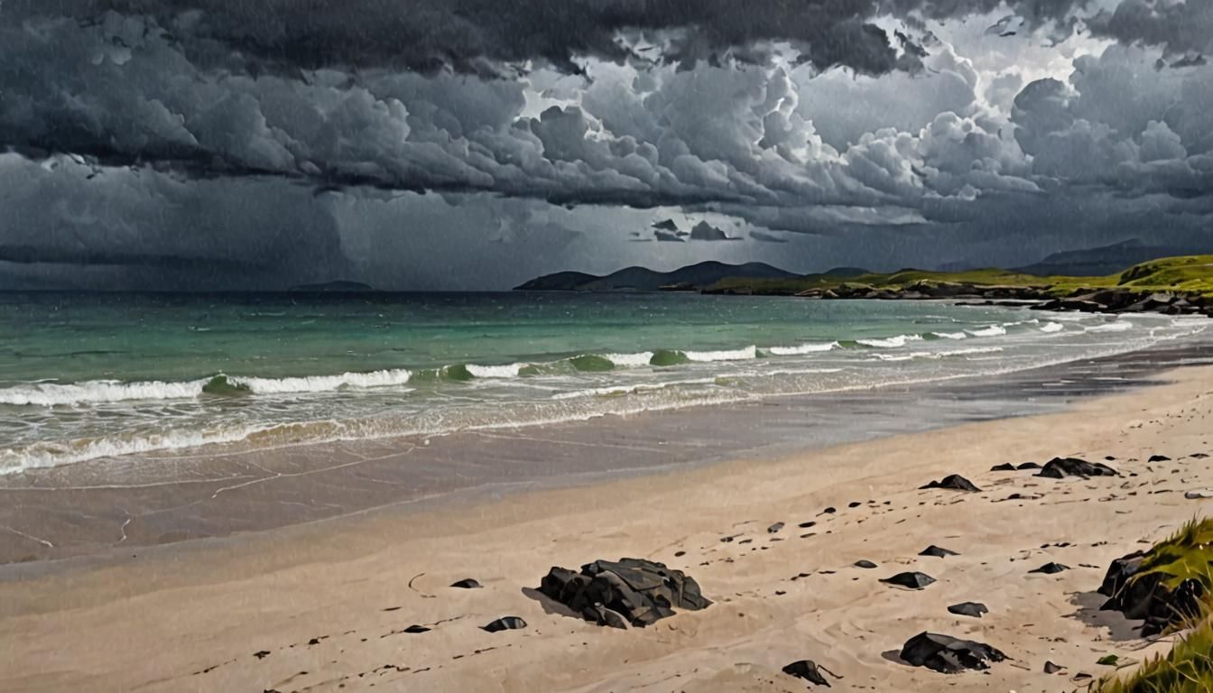 Camusdarach Beach, Scotland with stormy sky