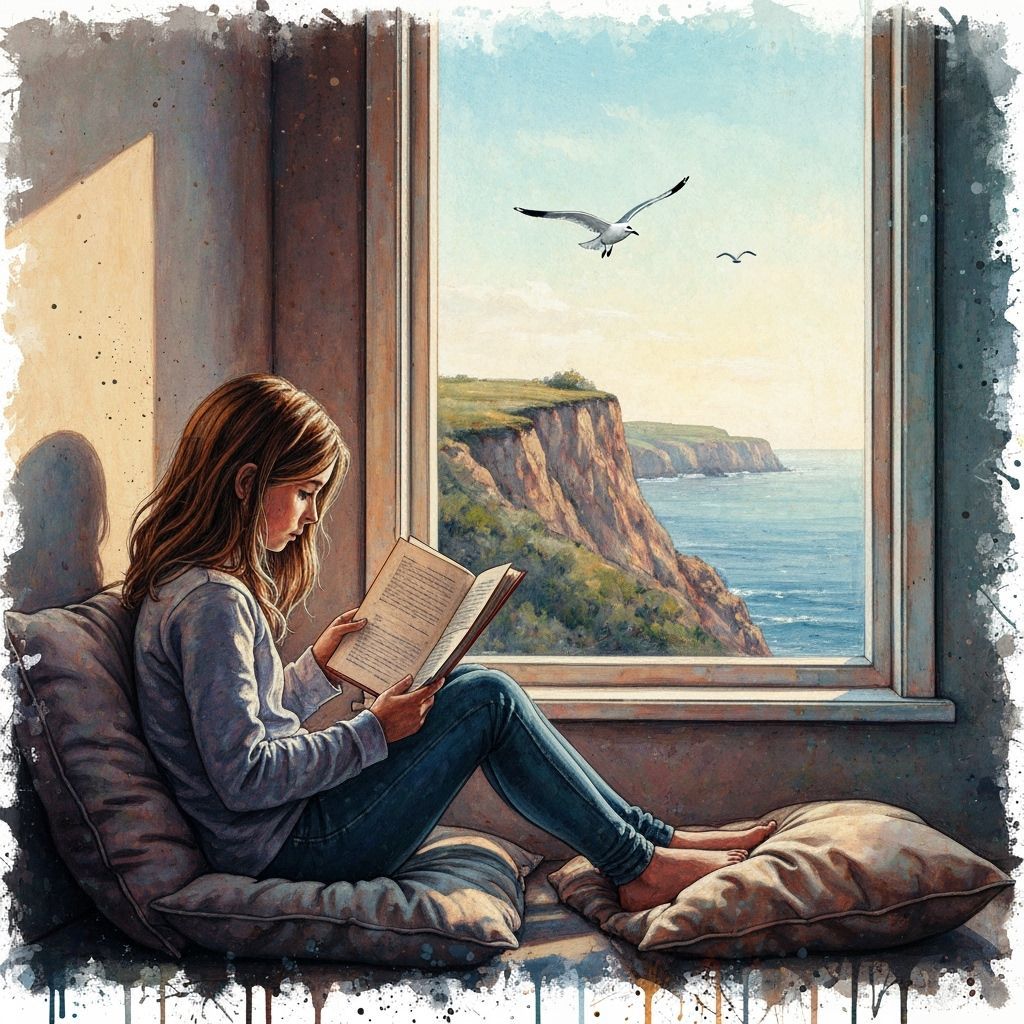 Girl Reading by Ocean: Impasto Watercolor Style