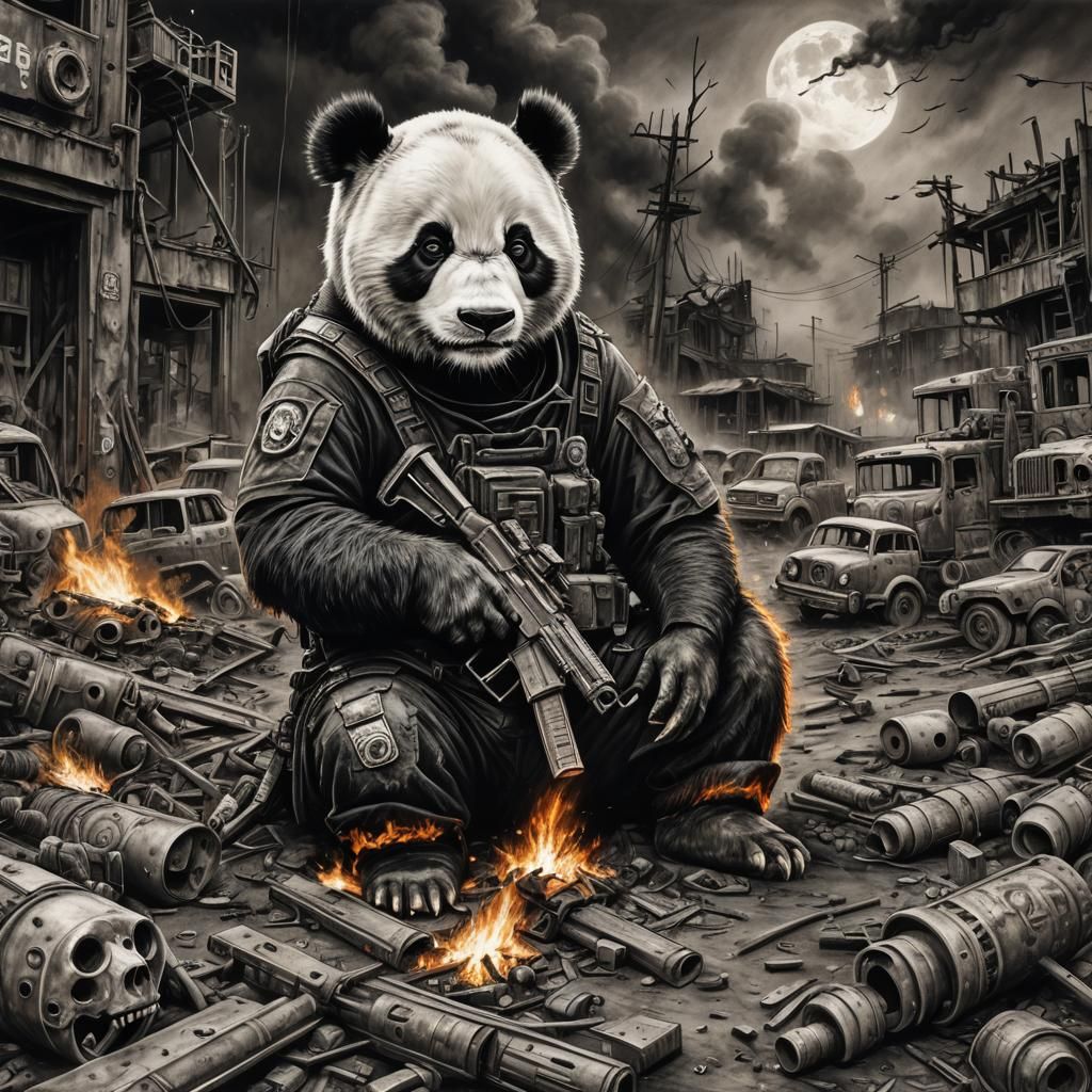 Badass Panda in Post-Apocalyptic Junkyard