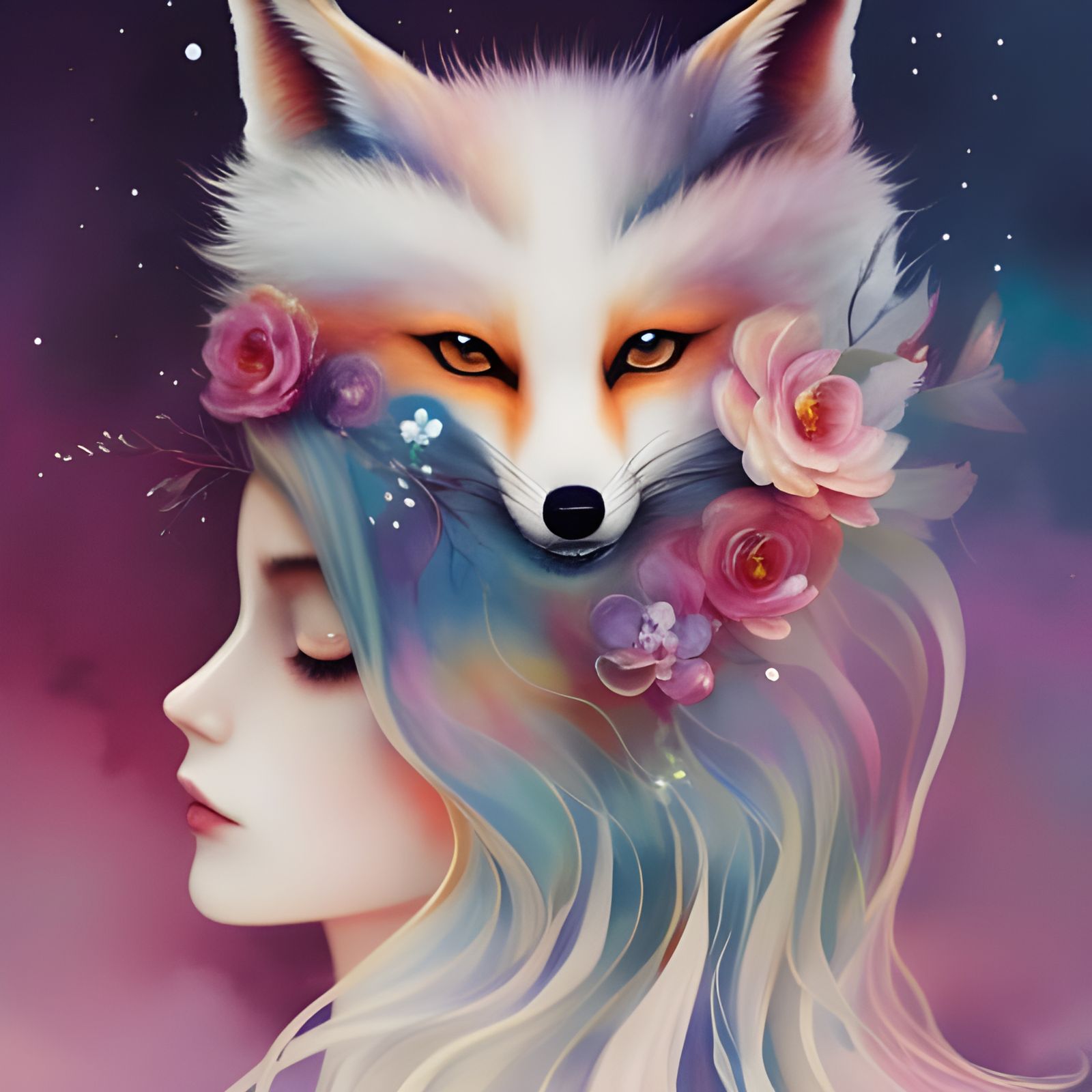 Magical Kitsune Fox in Minimalist Digital Art