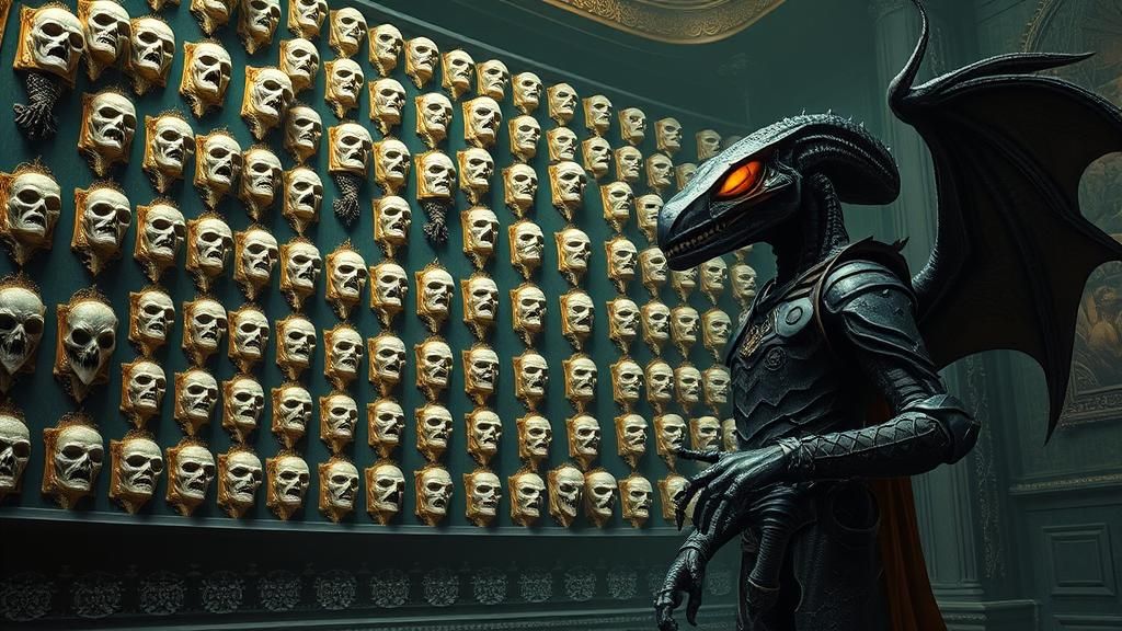 Alien Hunter in Grand Hall: Macabre Surrealism