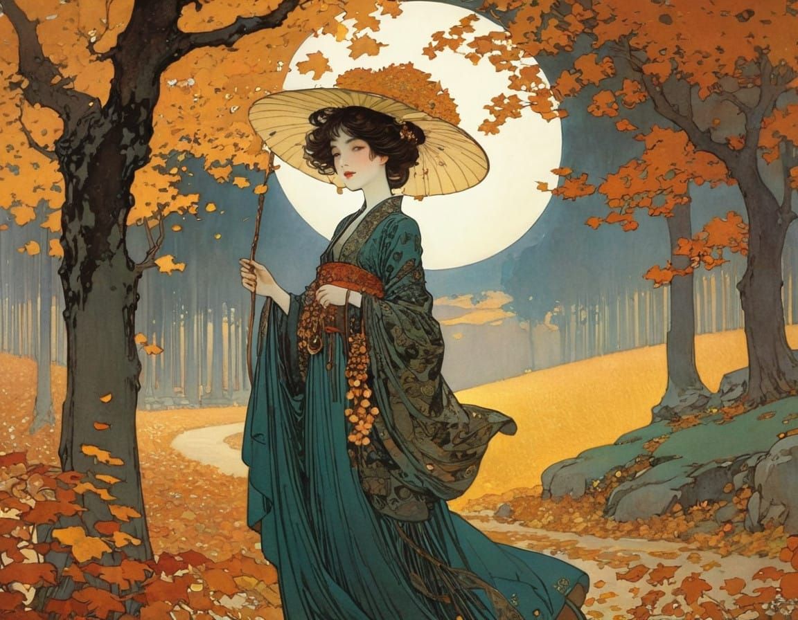 Ethereal Autumn Goddess in Whimsical Art Nouveau Style