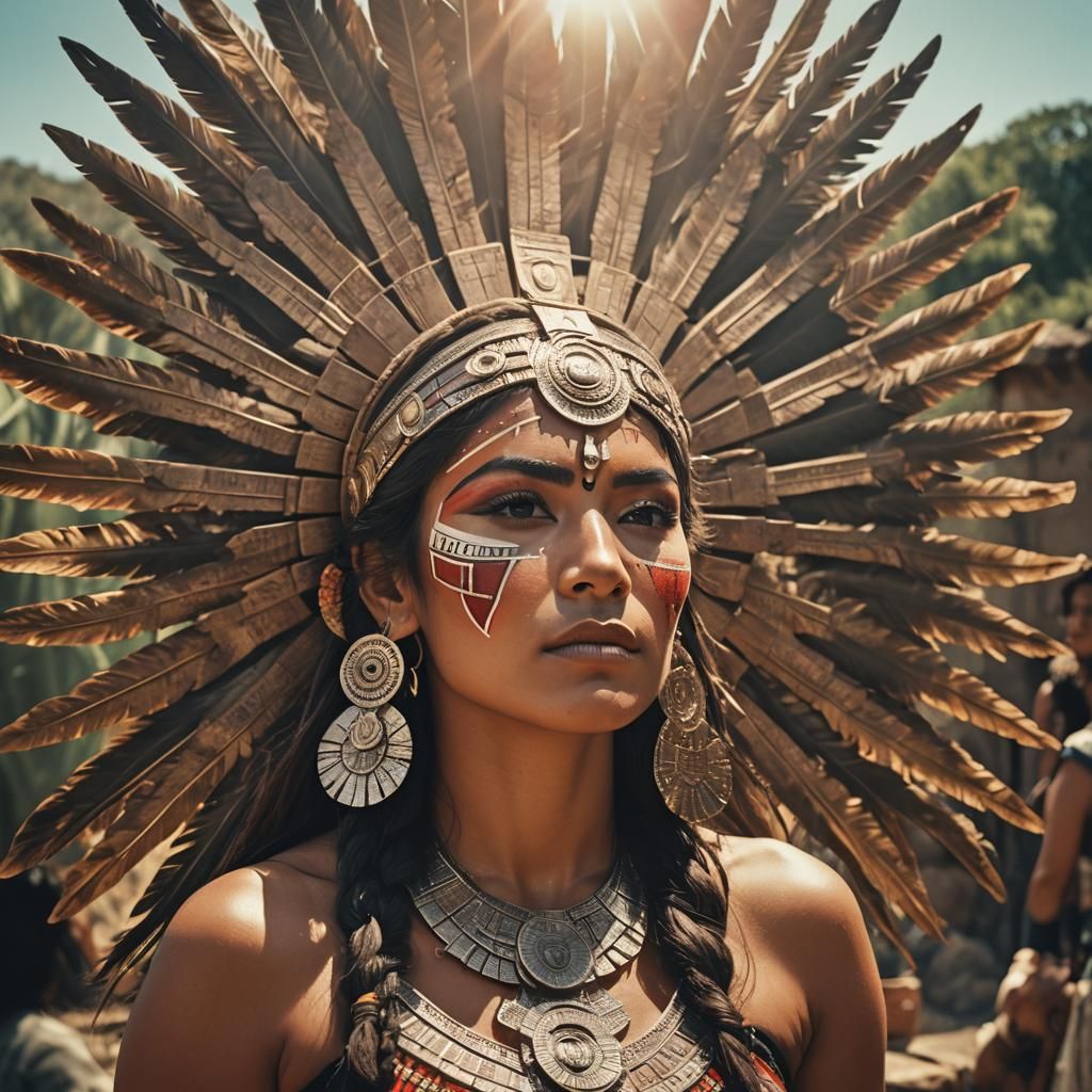 Aztec Woman Worshipping the Sun: Cinematic Film Still