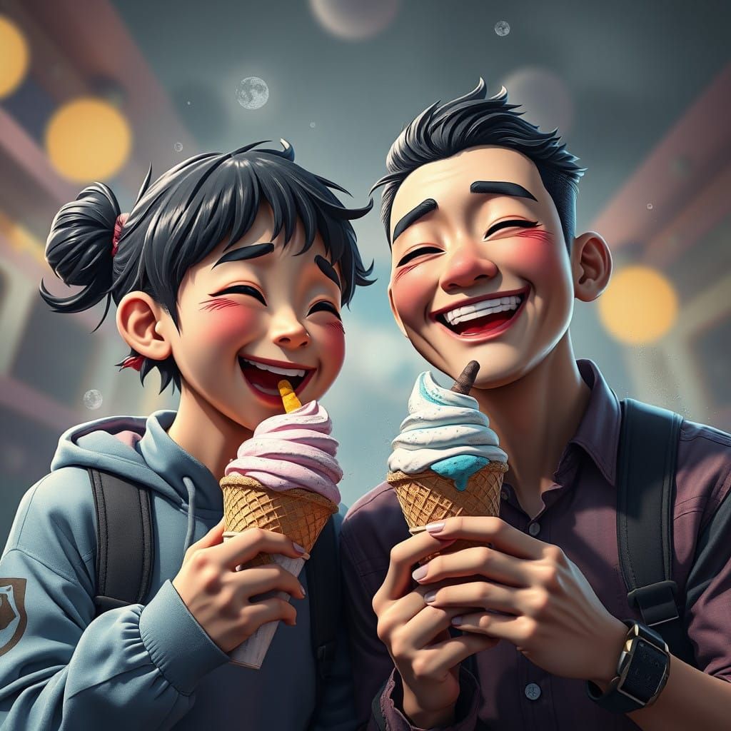 Joyful Ice Cream Sharing Moment in Hyper-Realistic Portrait...