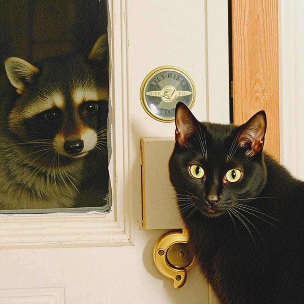 Cat and Raccoon Window View Photograph