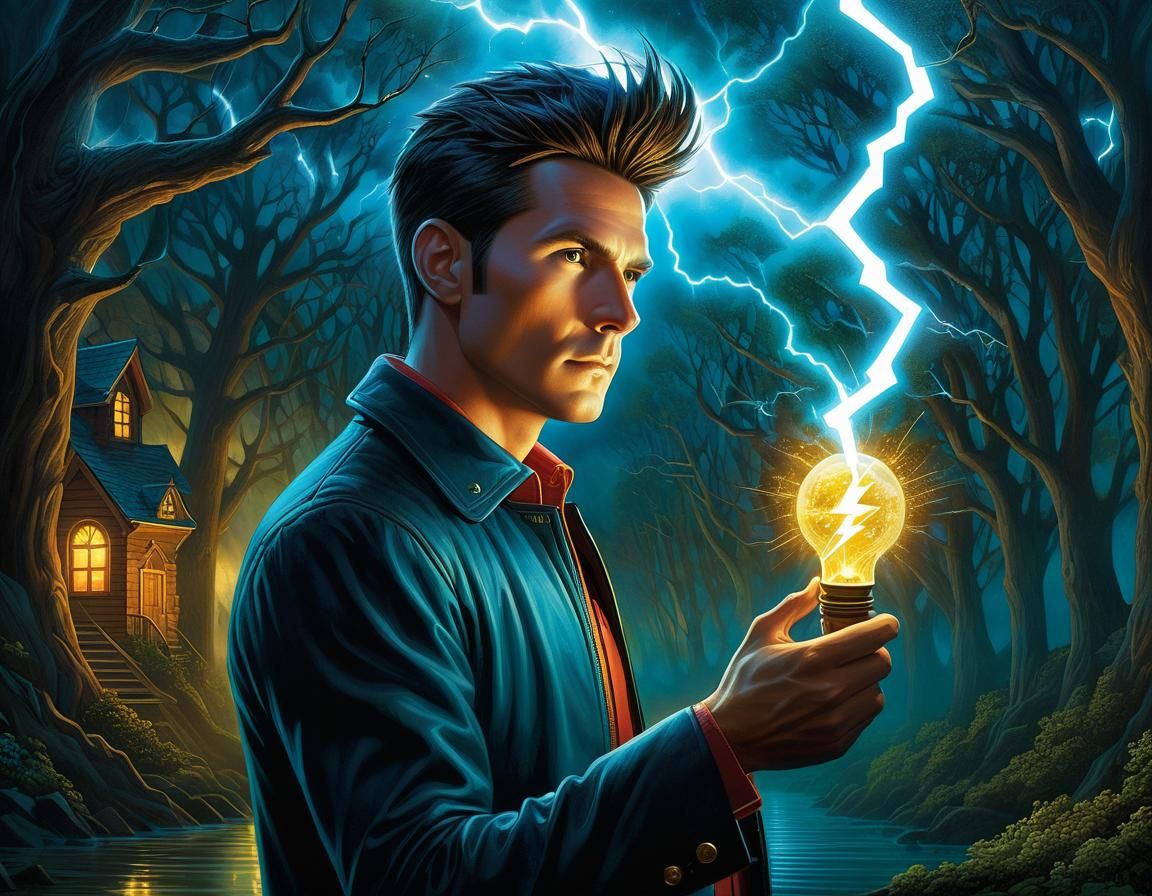 Man Harnessing Lightning in Storybook Art Style