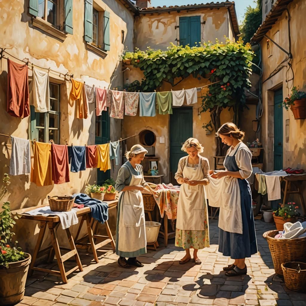 Laundresses in Sunlit Courtyard: Impressionistic Scene