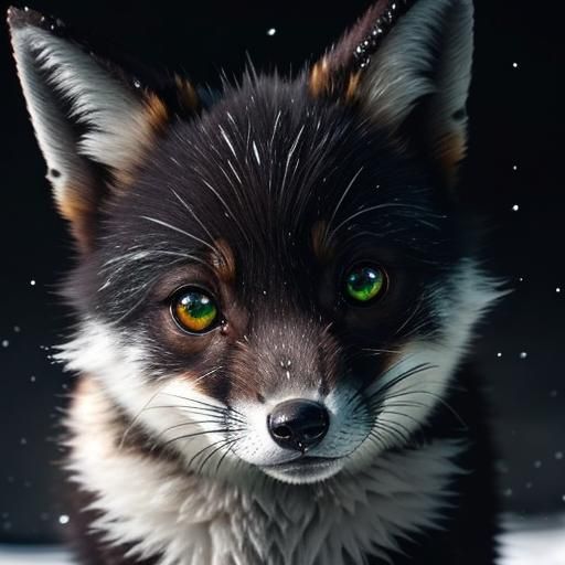 Baby Black Fox Cub Portrait in Winter Scene