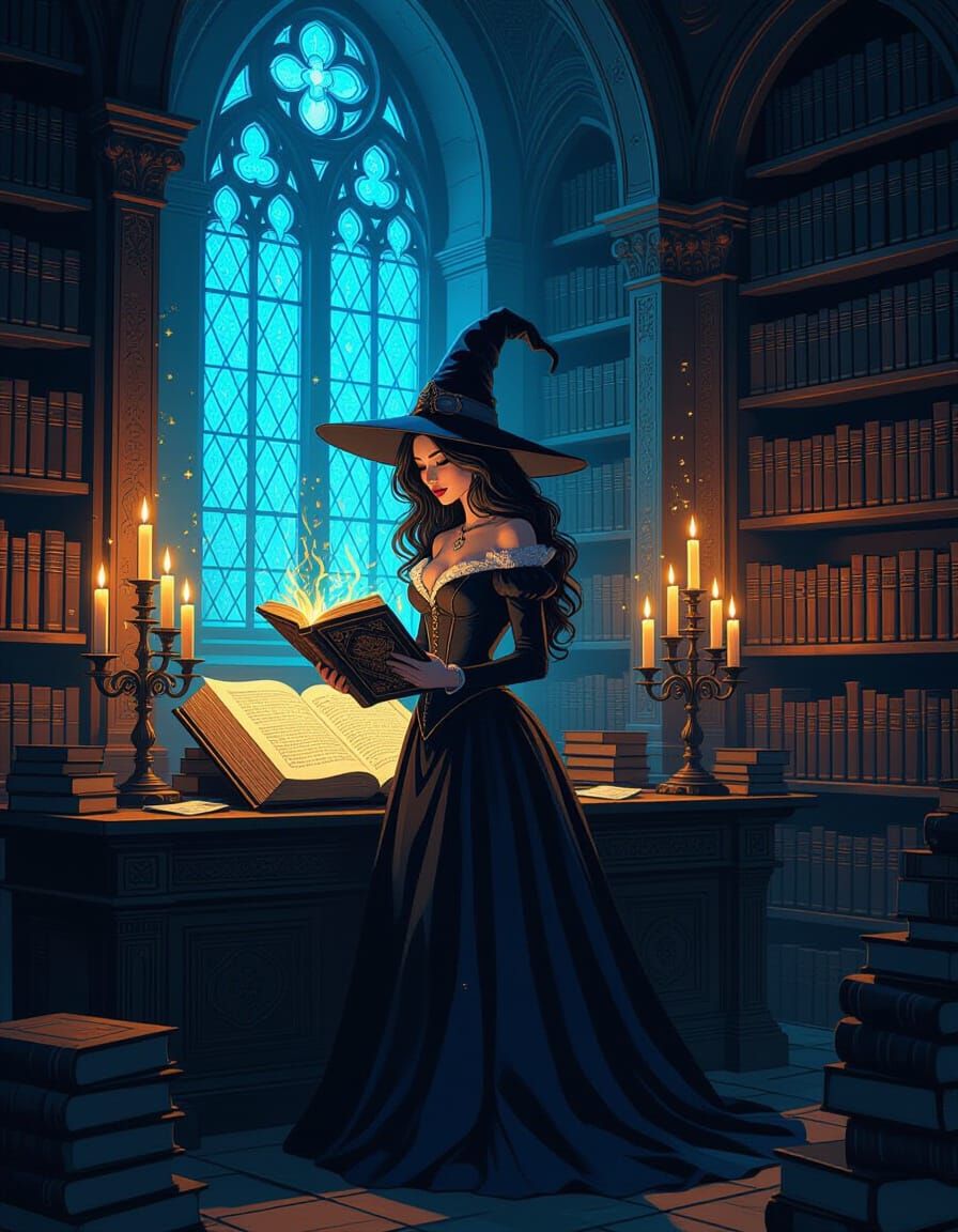 Enchanting Witch Over Spell Book in Candlelit Library