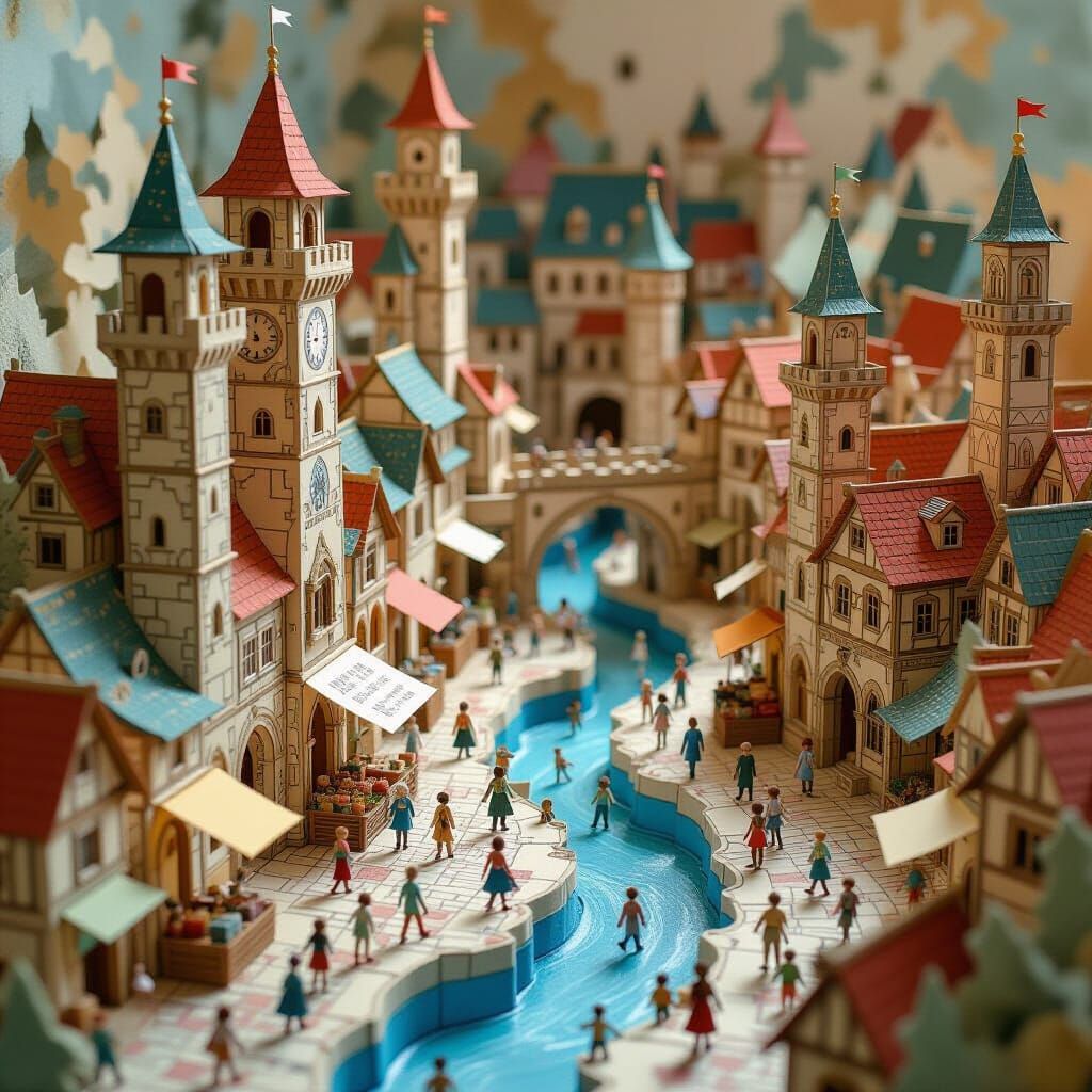 Medieval Parchment City with Paper Figures