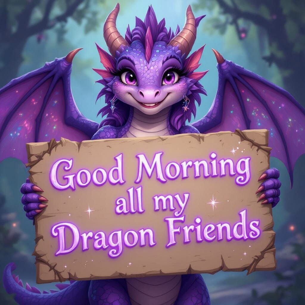 Friendly Purple Dragon Wishes Good Morning