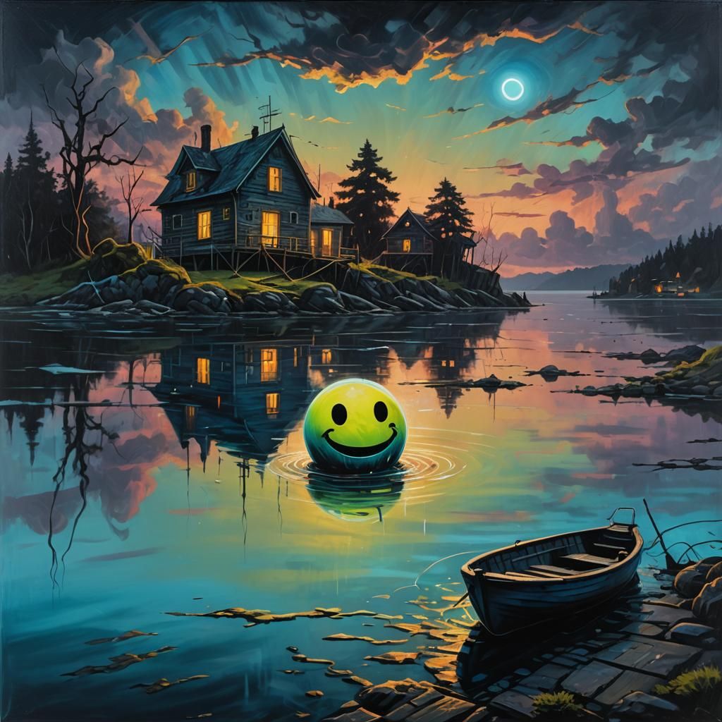 Ghostly Neon Smiley Face in Dark Surreal Waterscape