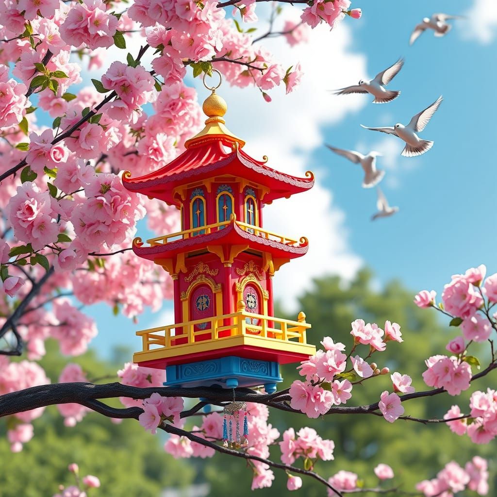 Colorful Japanese Pagoda Birdhouse in 3D Anime Style
