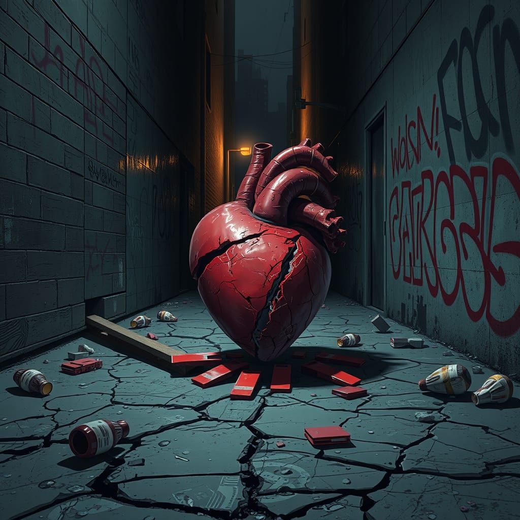 Gritty, Futuristic Cityscape with Shattered Heart