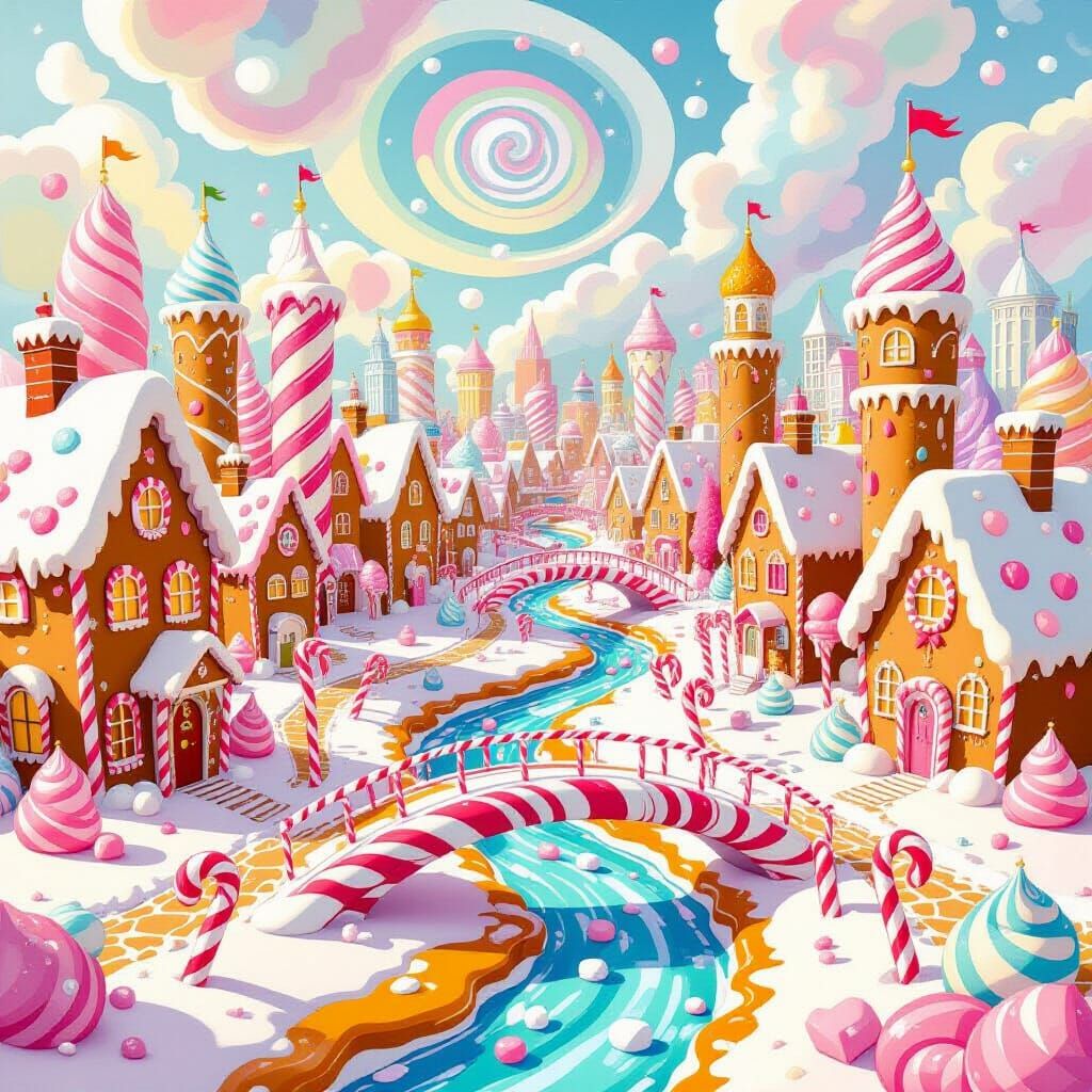 Whimsical Candy Cityscape with Caramel River