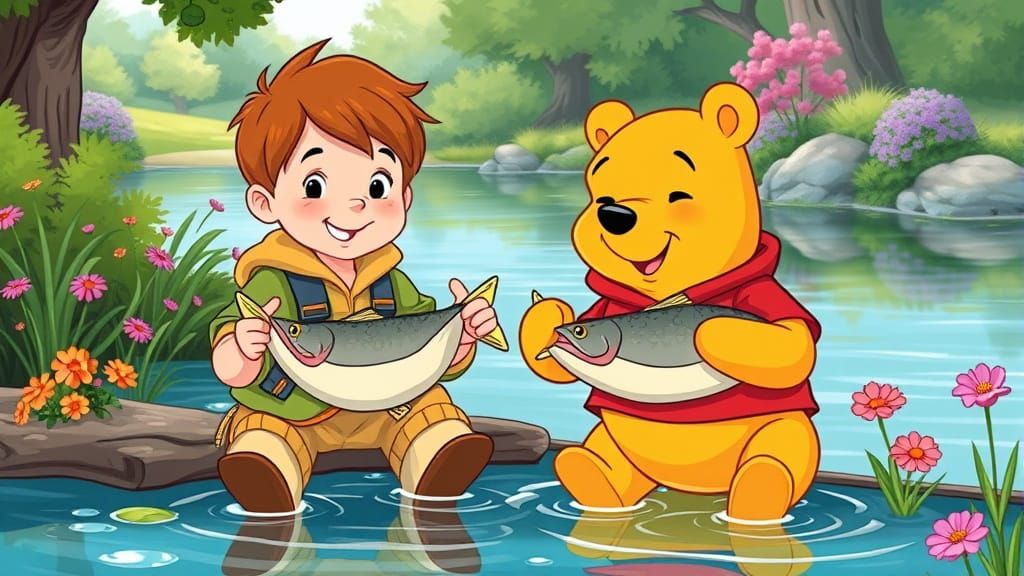 Christopher Robin and Pooh's Cartoon Fishing Trip