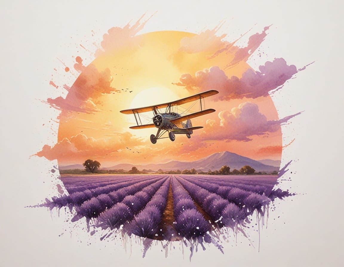 Biplane Over Lavender Fields at Sunset Oil Painting
