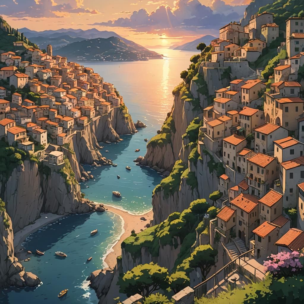 Italian Village Sunset in Anime Style