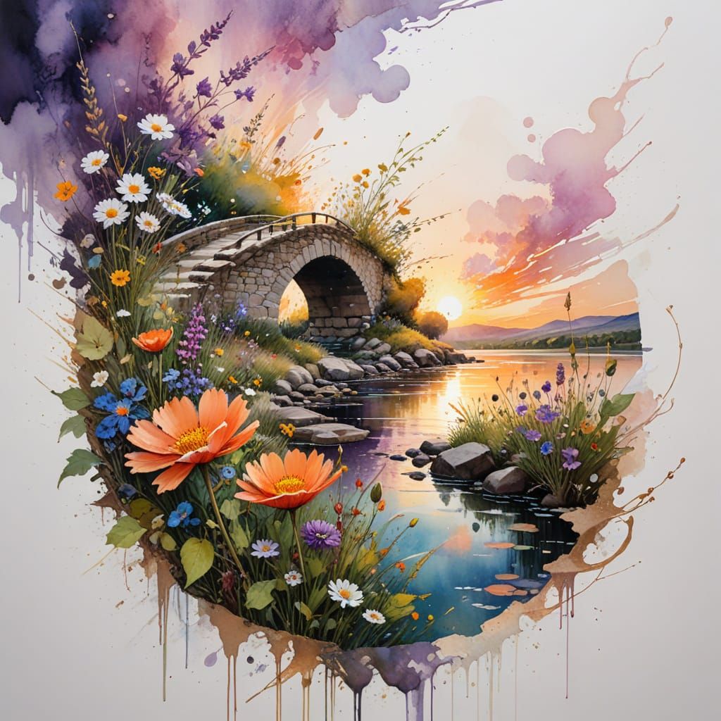 Valley Sunset Over Stone Bridge with Wildflowers