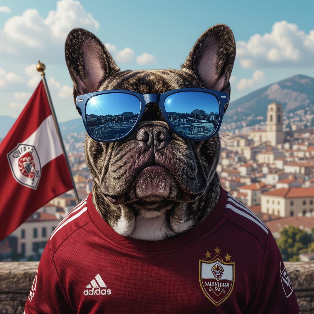French Bulldog in Salernitana Jersey with Mirror Sunglasses