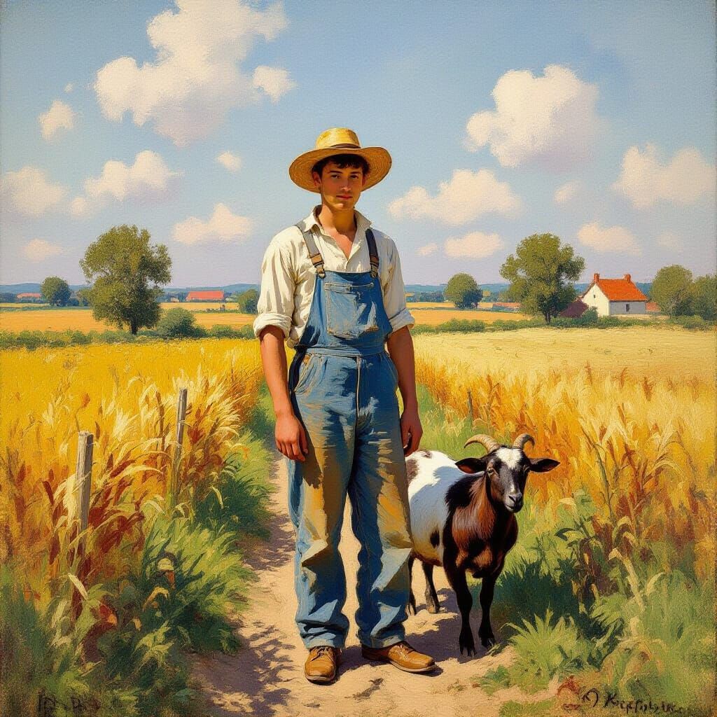 Young Farmer With Goat in Impressionist Style