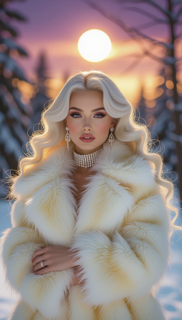 Elegant Woman in Winter Forest: Surreal Fashion Photography