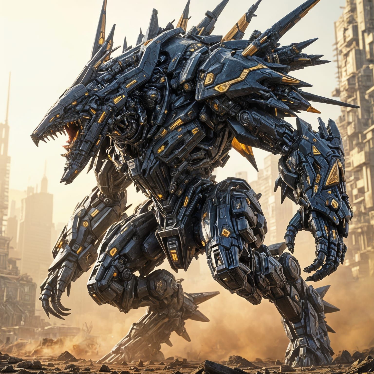 Majestic Armored Cyborg Beast in Dystopian City