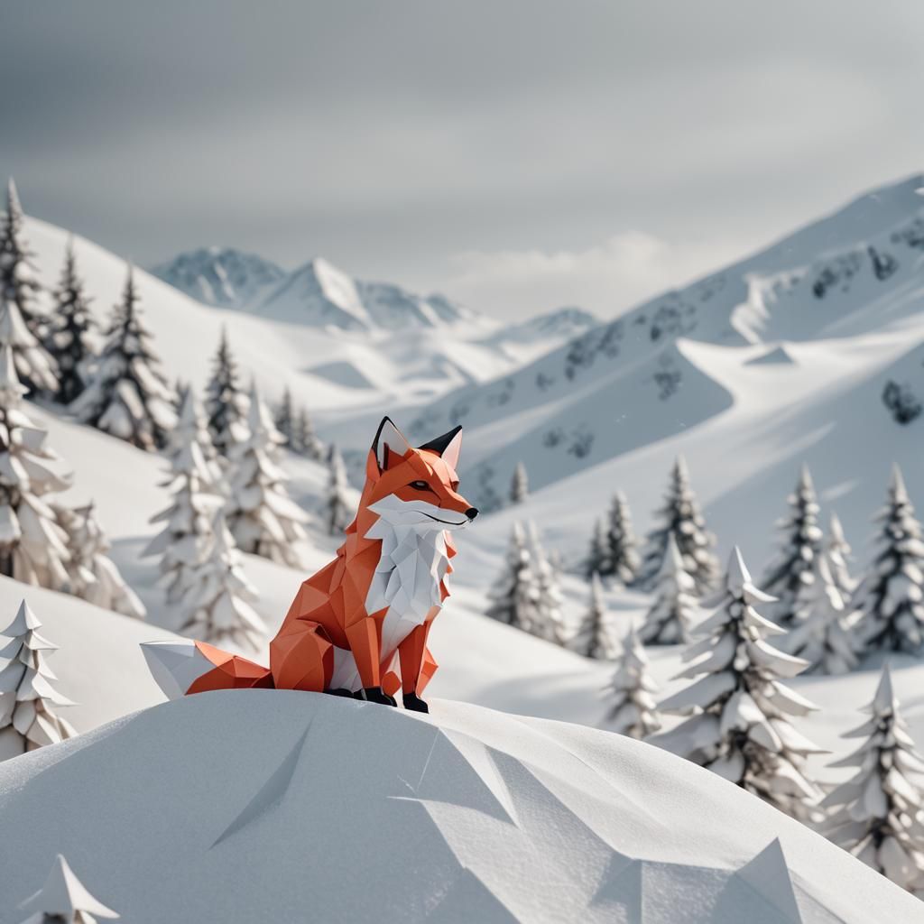 Red Fox Origami Papercraft on Snowy Hill